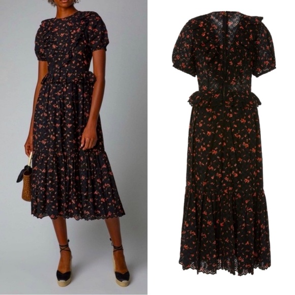ULLA JOHNSON black Noir floral BETTINE ruffle broderie anglaise dress